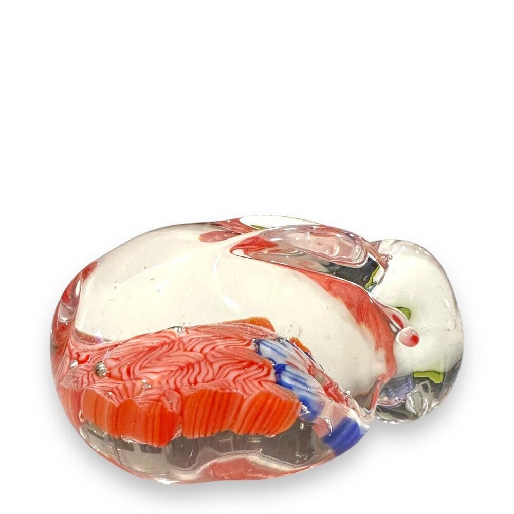 Art Glass Rabbit Paperweight Bunny Hand Blown Millefiori Clear Red White Blue